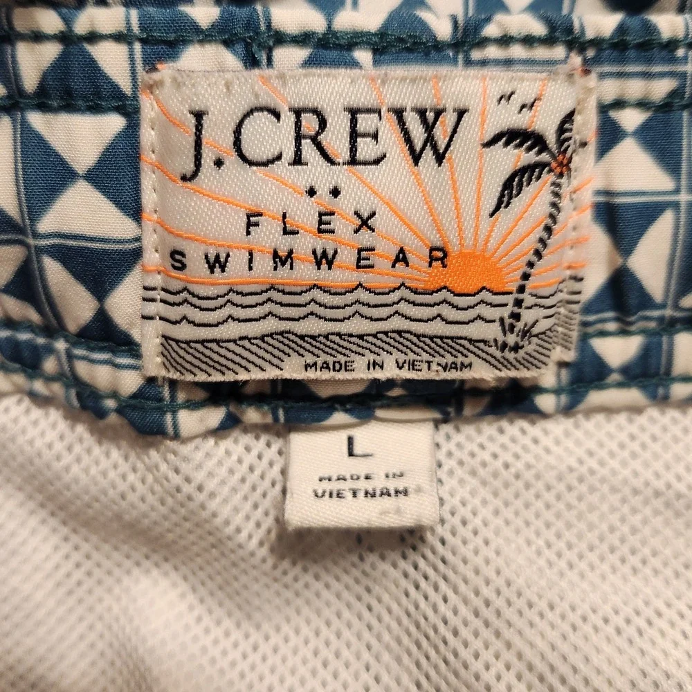 J. Crew Swim Trunks Mens L Blue White Geometric Pattern Drawstring Shorts